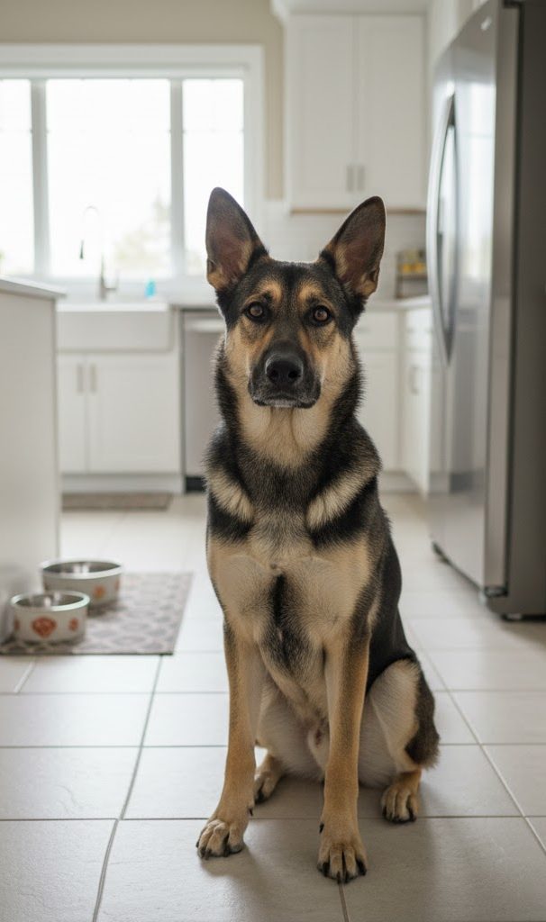 Ein aufmerksamer Hund sitzt in einer Küche mit Schüsseln im Hintergrund.
