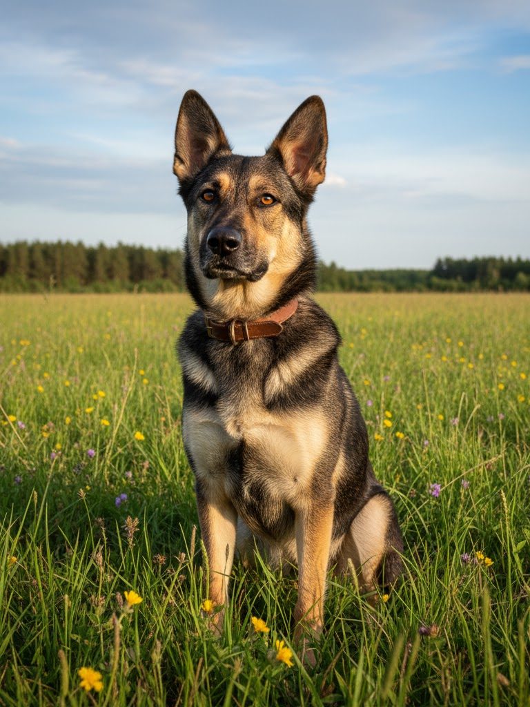 Schwarz-brauner Hund sitzt im grünen Feld mit Blumen und blauem Himmel im Hintergrund.
