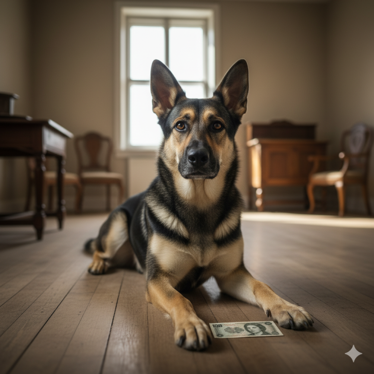 Ein Hund liegt auf dem Boden neben einem Geld-schein in einem hellen Raum.