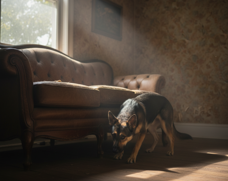 Ein Hund schnüffelt in einem Wohnzimmer mit einem gemütlichen Sofa im Hintergrund.