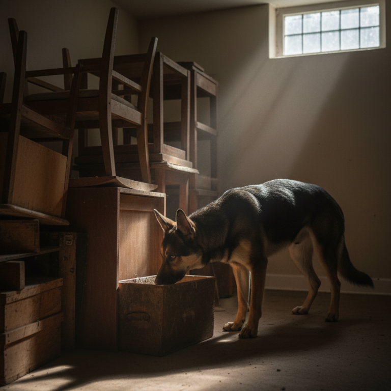 Ein Hund durchsucht einen Kellerraum.